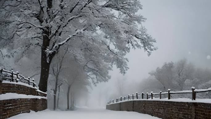 雪景雪中小桥小桥流水 雪中亭子A025