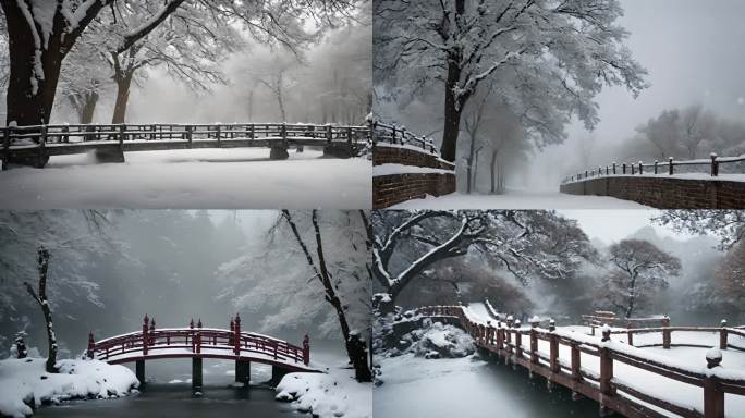 雪景雪中小桥小桥流水 雪中亭子A025