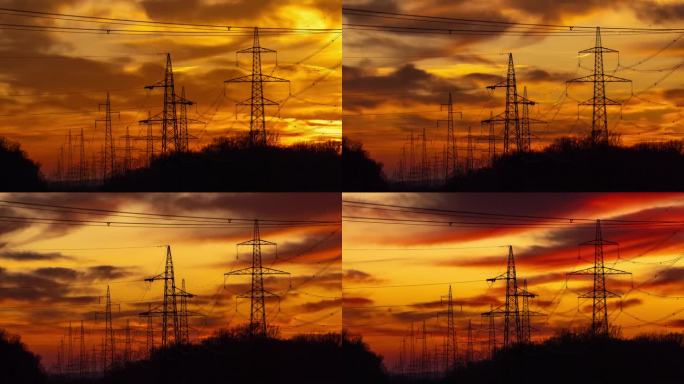 时间流逝云移动在夕阳天空在高压电塔