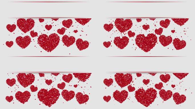白色背景上带有粒子的红色动画心。节日浪漫的横幅与空白的文字空间。