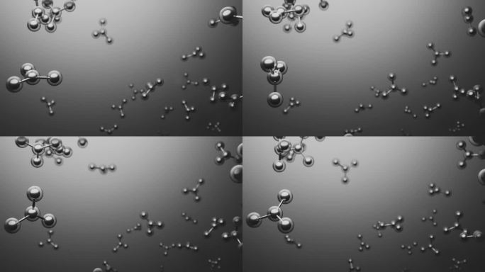3D动画分子宏原子细胞精华液面霜，胶原蛋白透明水晶优质精华液和维生素护肤，清晰无缝循环运动背景。黑白