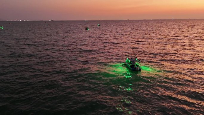 鱿鱼渔船在日落后打开鱿鱼诱饵灯。渔船出海捕鱼，泰国一整夜。渔船的俯视图