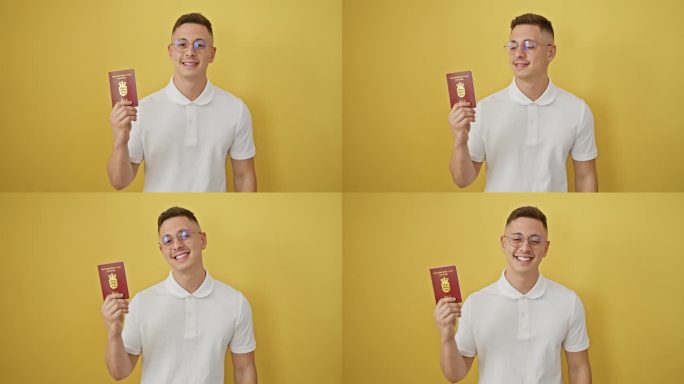 笑容满面的西班牙裔男子高兴地拿着丹麦护照。他那露出獠牙的微笑和自信的神情预示着成功。在一个孤立的黄色