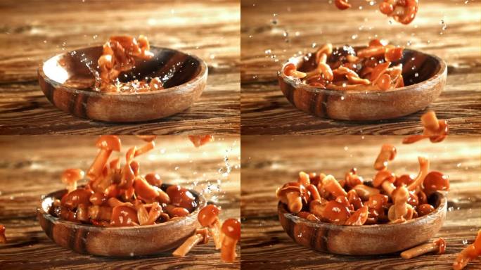 泡过的蘑菇倒进木碗里。用高速摄像机拍摄，每秒1000帧。