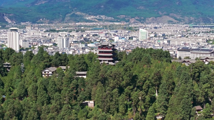 云南丽江古城狮子山万古楼航拍
