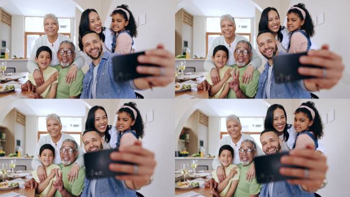 快乐的家庭，在餐桌前拥抱和自拍，一起在家里拍照、回忆或社交媒体。妈妈、爸爸和爷爷奶奶和孩子们一起微笑