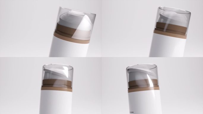 光滑的化妆品乳液分配器在3D动画，具有现代，半透明的帽子和光滑的设计在一个凉爽的背景。