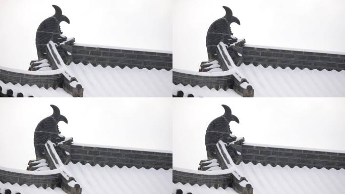 中国冬天，雪花落在屋顶的瓷砖上