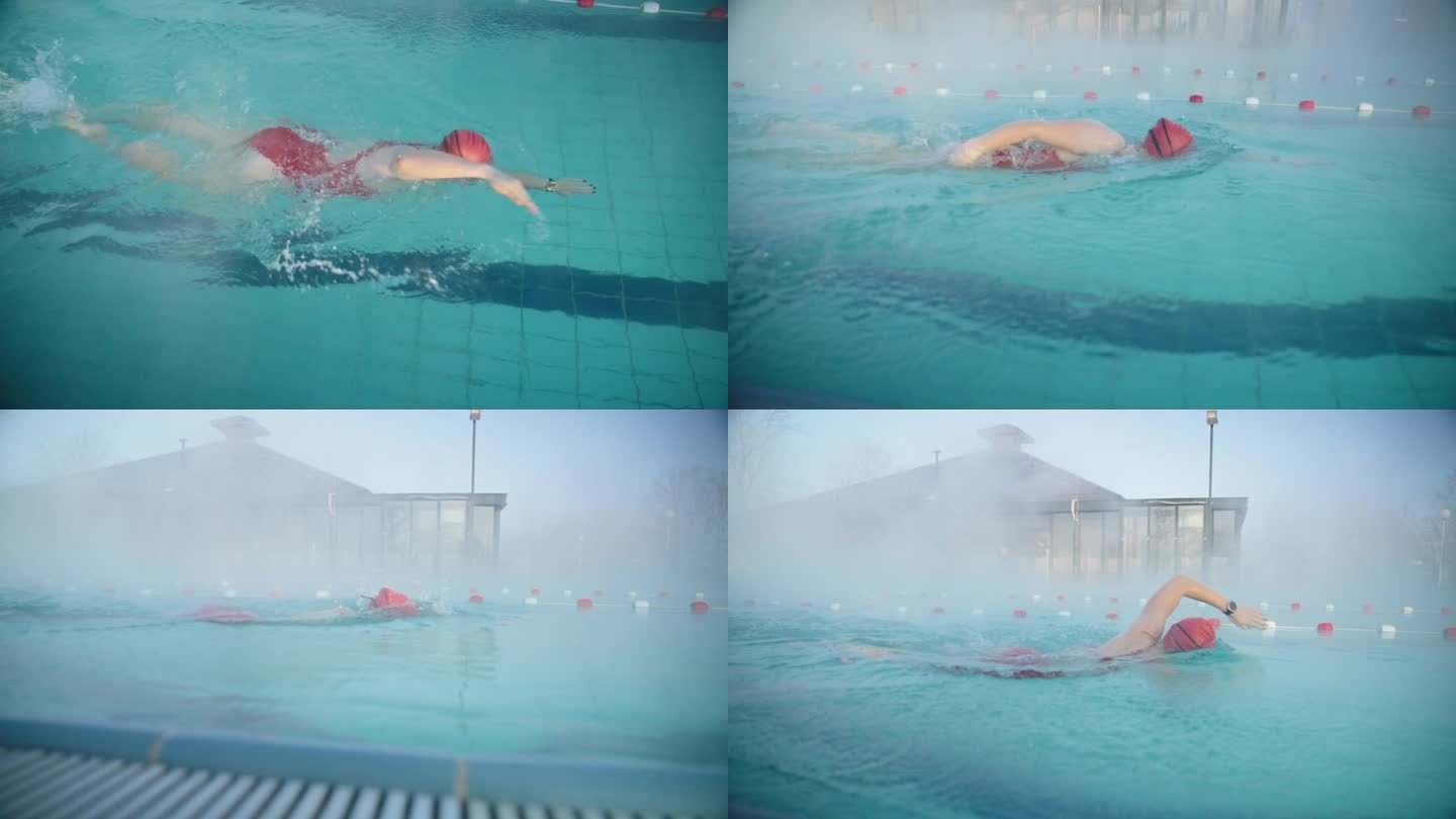 慢动作起重机拍摄的决心年轻女子游泳在雾蒙蒙的游泳池在豪华度假村白天