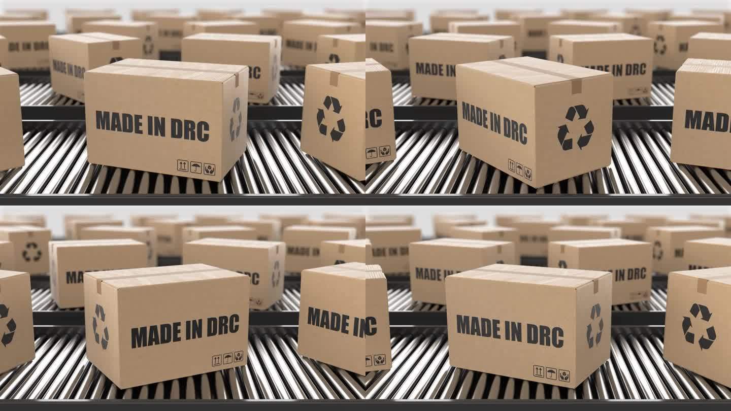 带有DRC文字的纸箱在滚筒输送机上。工厂生产线仓库。制造出口或交付概念。3D渲染动画。无缝循环
