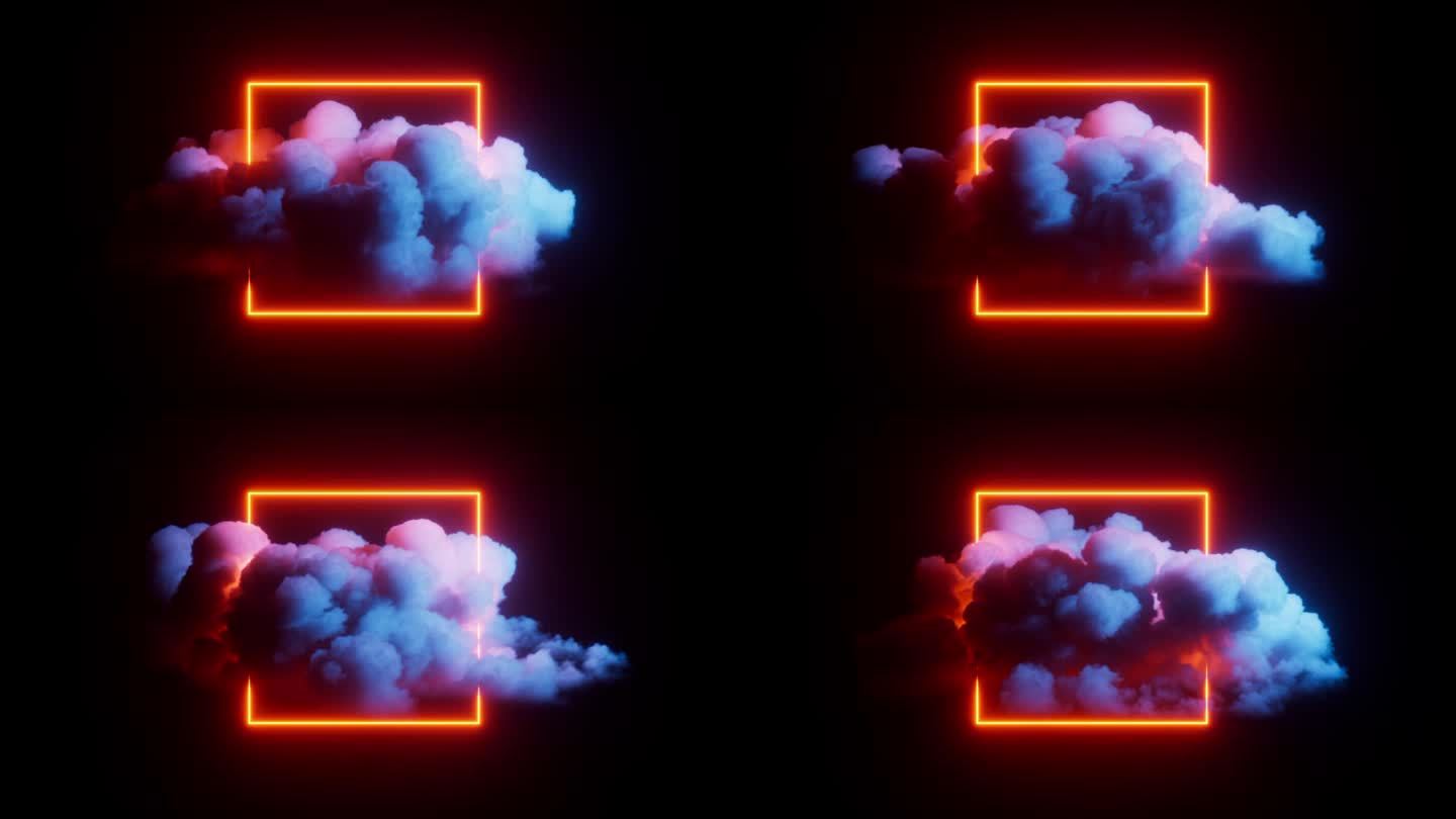 循环3d动画。蓝色的云围绕着红色的霓虹灯方形框架旋转，孤立在黑色的背景上