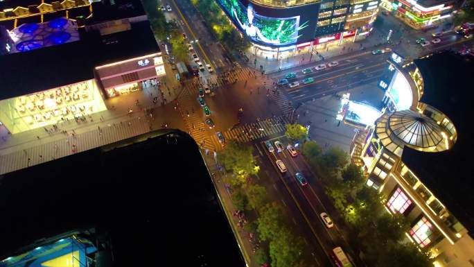 杭州西湖龙翔桥步行街夜景航拍