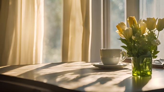 窗边光影 阳光窗台花瓶 ：阳光下的书桌