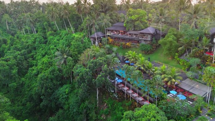 在丛林中有游泳池的豪华酒店附近拍摄的史诗航拍。热带雨林中的豪华别墅