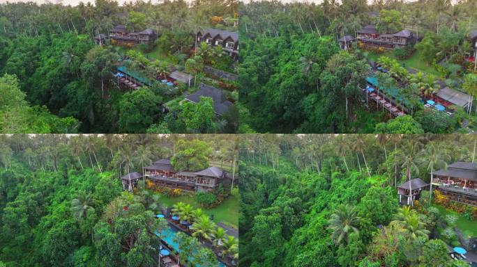 在丛林中有游泳池的豪华酒店附近拍摄的史诗航拍。热带雨林中的豪华别墅