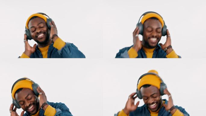 音乐耳机，跳舞或快乐的黑人在白色背景下在工作室里为自由而流。微笑，兴奋或非洲人听电台歌曲，声音或音频