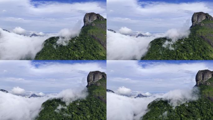 航拍无人机向前飞行，飞越云层，向相机翻滚，无人机飞越山丘，向山谷飞行