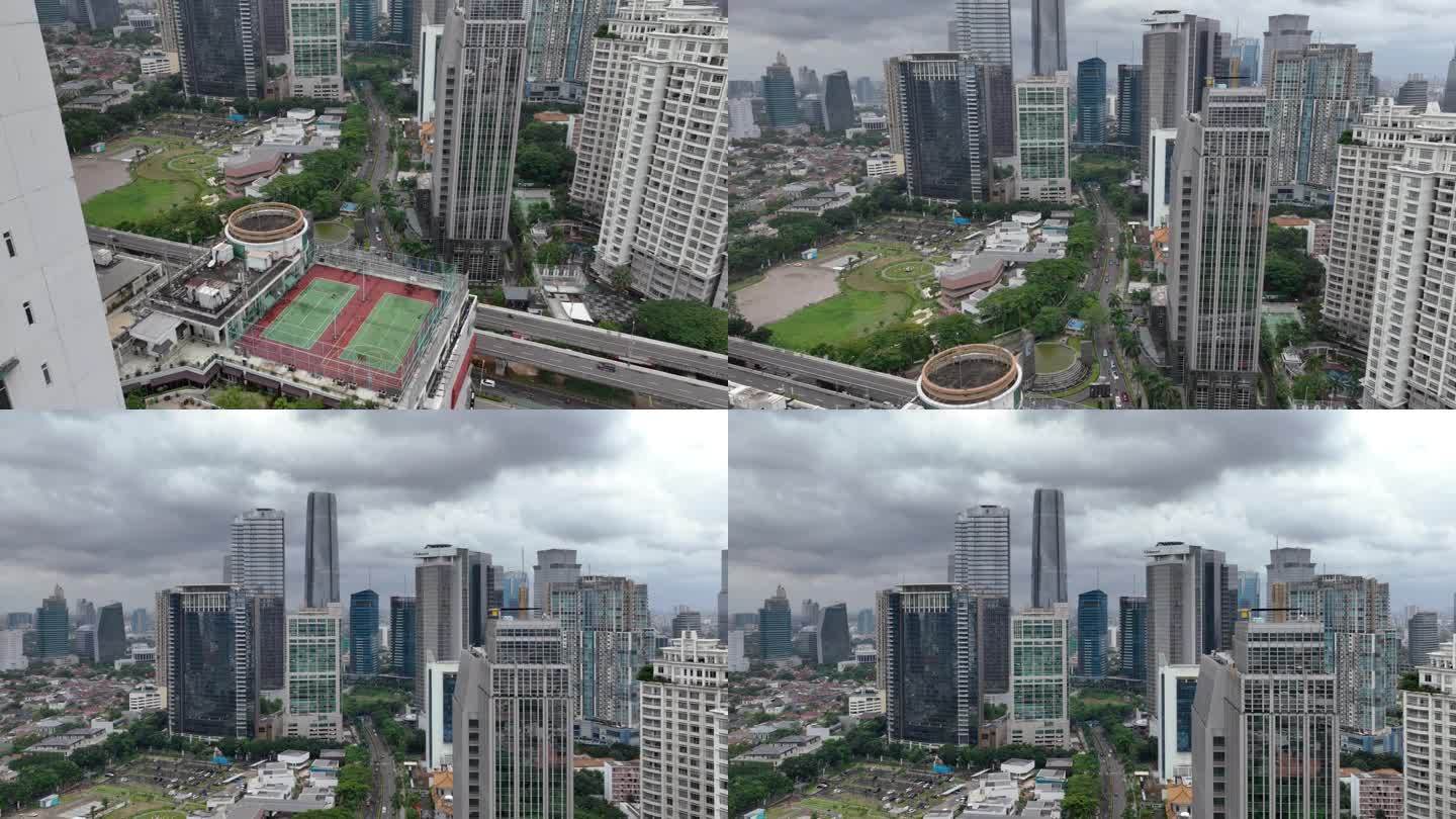 白天雅加达市中心住宅综合体交通街道道路航拍全景4k印尼