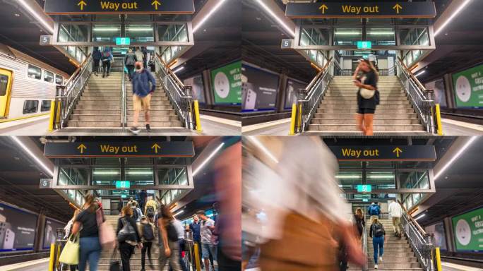 澳大利亚新南威尔士州新南威尔士州悉尼铁路运输站高峰时段拥挤的通勤人员和乘客上下楼梯的时间流逝