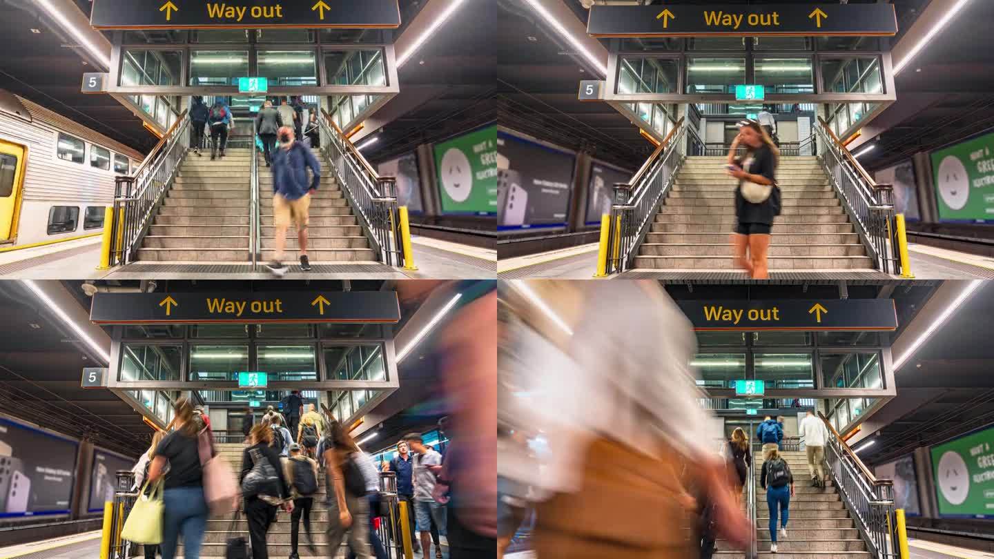澳大利亚新南威尔士州新南威尔士州悉尼铁路运输站高峰时段拥挤的通勤人员和乘客上下楼梯的时间流逝