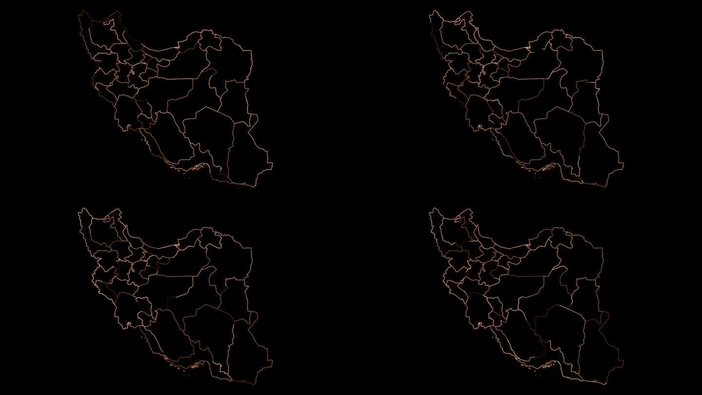 伊朗国家地图与所有国家霓虹灯大纲动画。