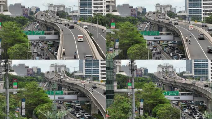 白天雅加达市区交通街道道路立交桥近距离鸟瞰全景4k印尼