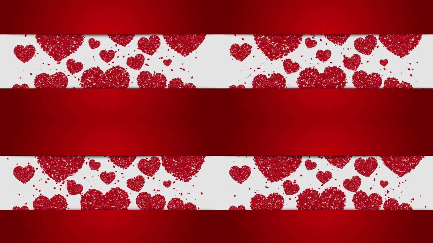 白色背景上的爱心和微粒。带红丝带的地方写着我爱你。动画婚礼横幅。