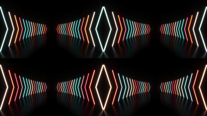 3d循环动画，抽象粉红蓝霓虹背景与发光渐变箭头，显示前进方向。空的阶段