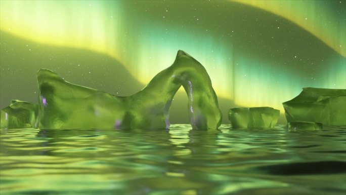 超现实的3D动画绿色极光在融化的冰山，一个惊人的数字自然显示。