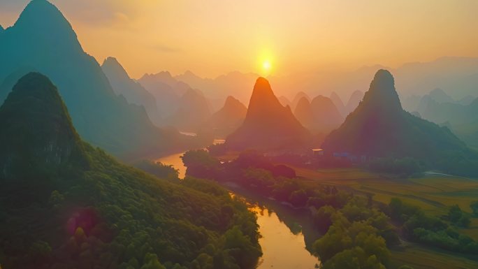 高铁窗外的桂林山水风景