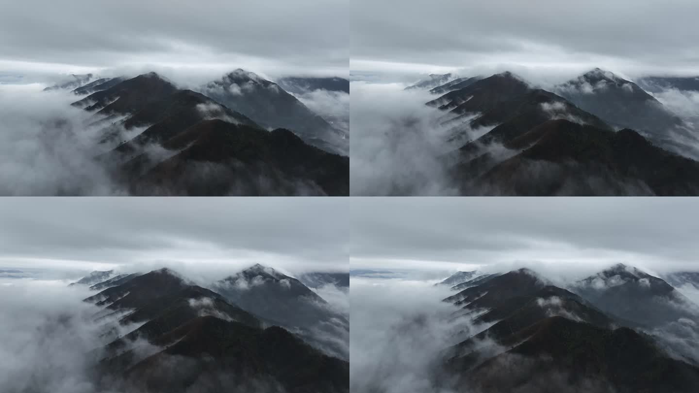 航拍桂林春天雨后高山间云雾缭绕