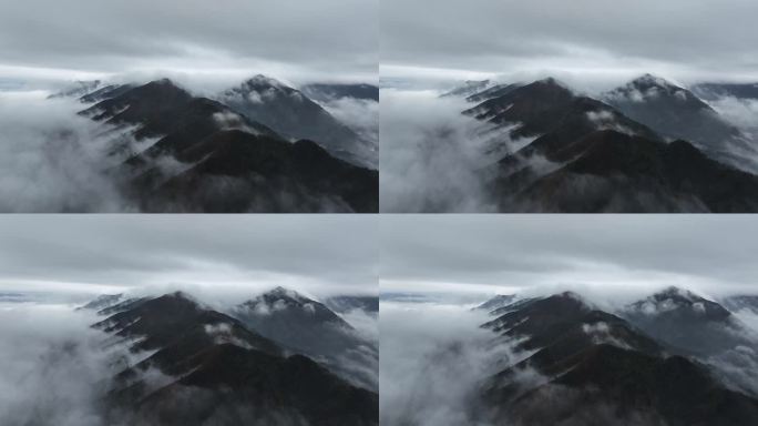 航拍桂林春天雨后高山间云雾缭绕