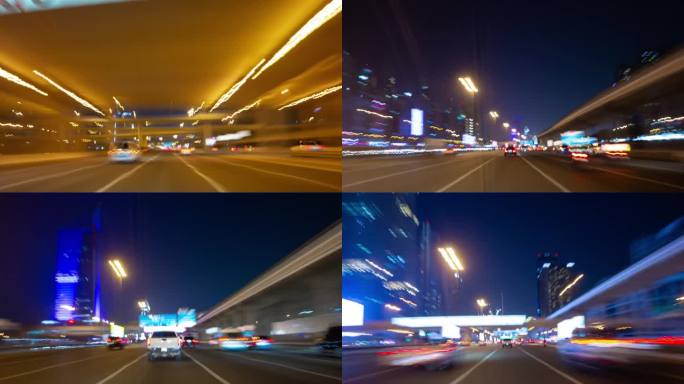 夜晚照亮迪拜城市公路之旅交通街道前全景4k延时阿联酋