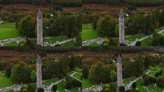 爱尔兰威克洛格兰达洛遗址鸟瞰图，格兰达洛修道院鸟瞰图，爱尔兰格兰达洛上下湖鸟瞰图，爱尔兰自然鸟瞰图，