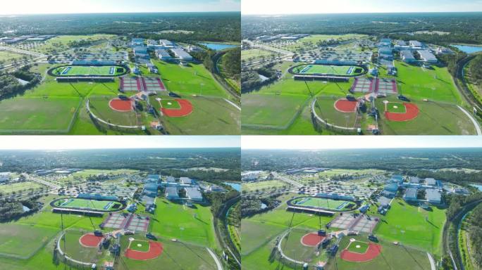 佛罗里达北港高中露天体育设施鸟瞰图。美式足球场、网球场和棒球场等钻石体育基础设施