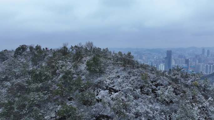 黔灵山公园山顶贵阳城雪景大雪爬山