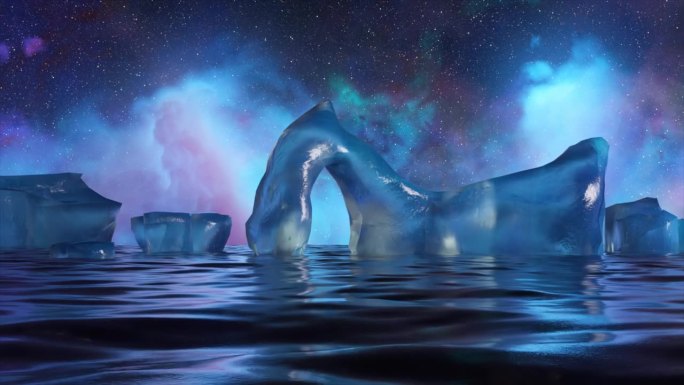雄伟的3D动画与极光背景冰峰，宁静和神秘。