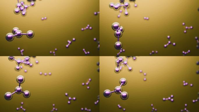 3D动画分子宏原子细胞精华液面霜，胶原蛋白透明水晶优质精华液和维生素护肤，清晰无缝循环运动背景。米色