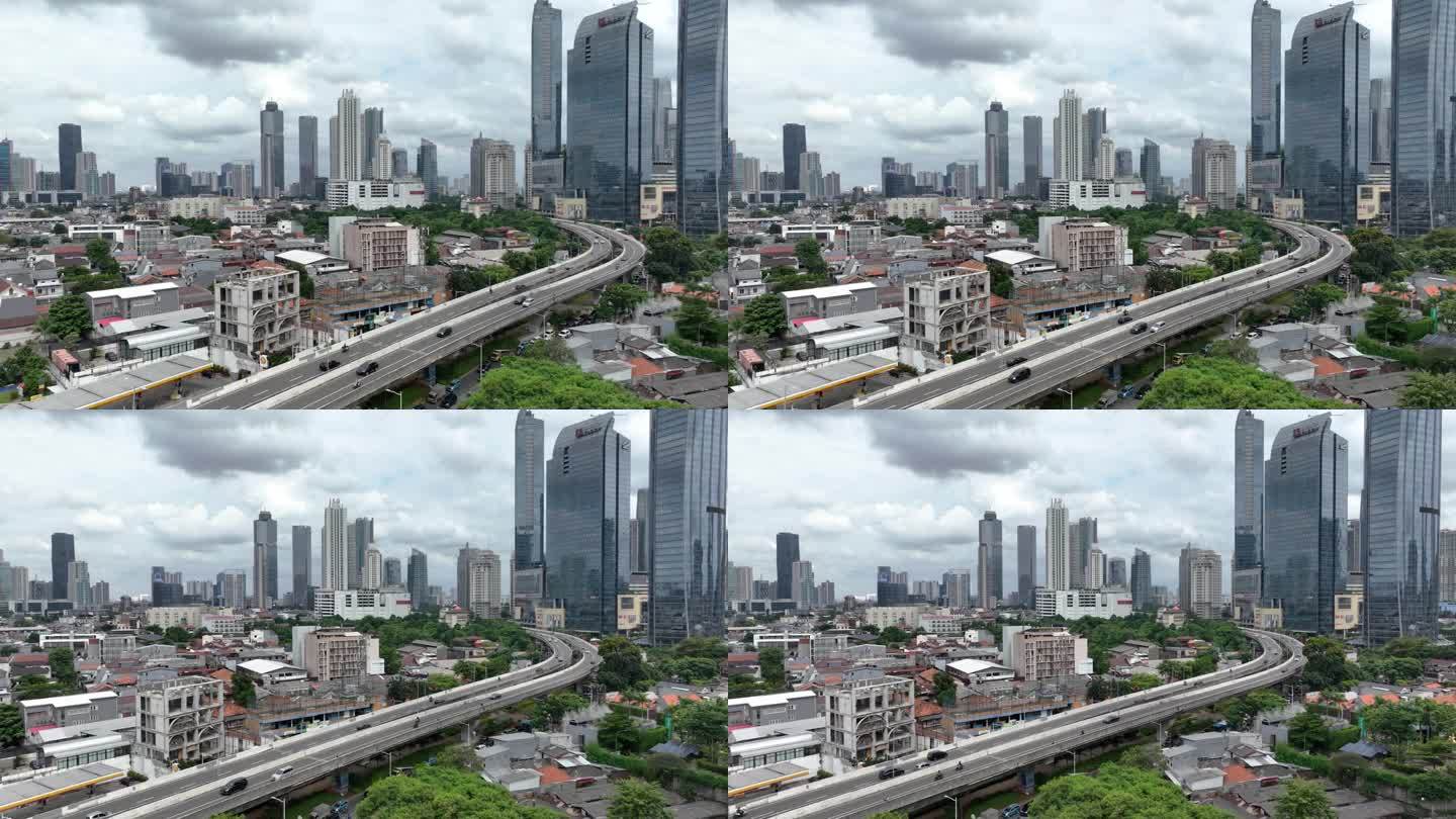 阴天飞越雅加达市区交通街道道路立交桥航拍全景4k印尼