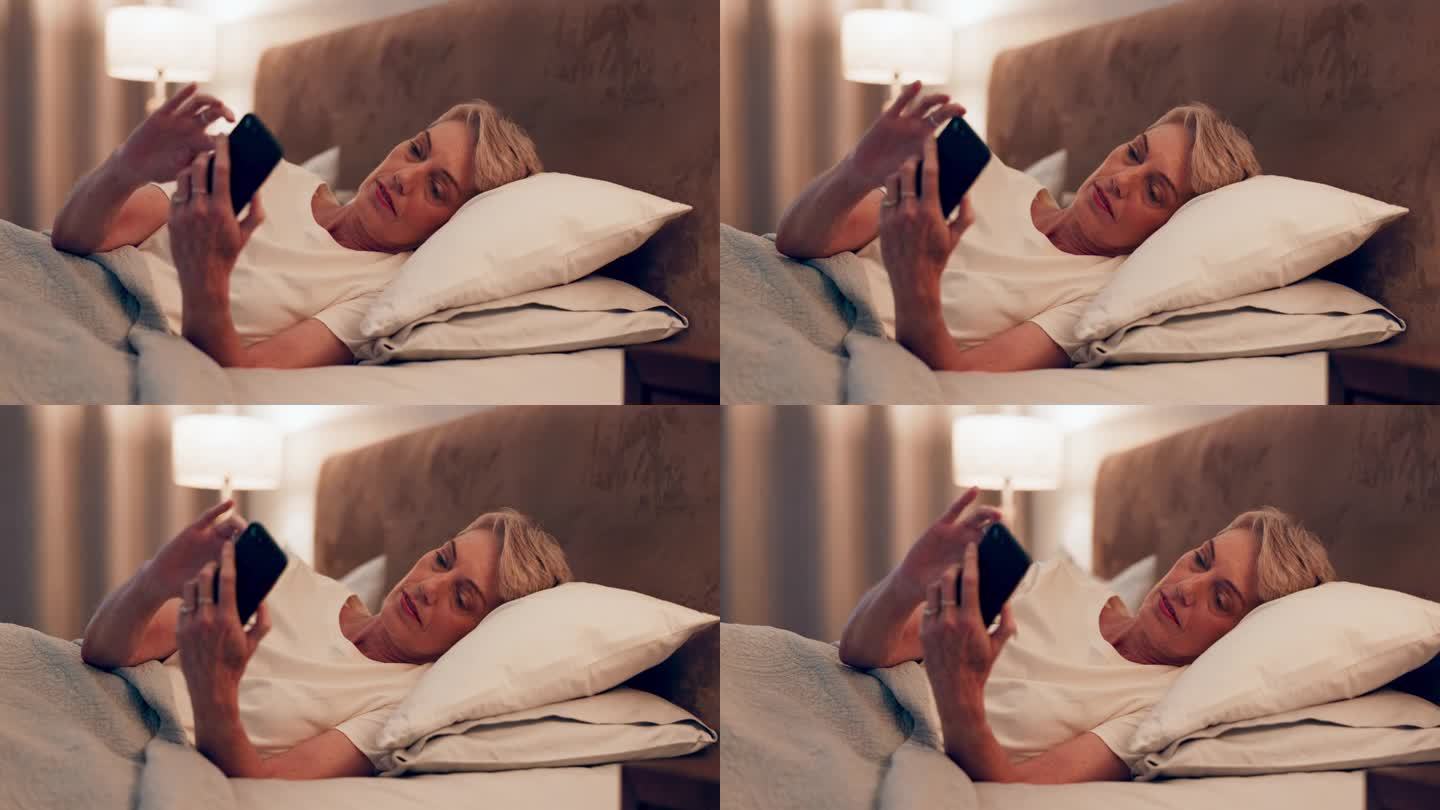 晚上，阅读和一个女人在床上用手机玩社交媒体、聊天或上网。房子、网站和一个老人在卧室里用手机应用程序打