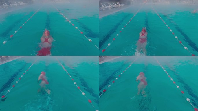 坚定的年轻运动女子在度假村雾池练习自由泳的后景镜头