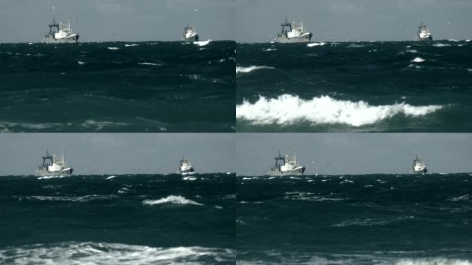 拖网渔船在狂风暴雨的冬季海上捕鱼
