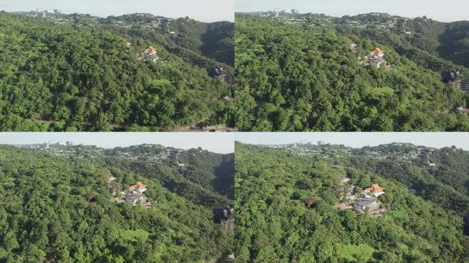 台湾乡村青翠山佛寺，空中跟踪拍摄