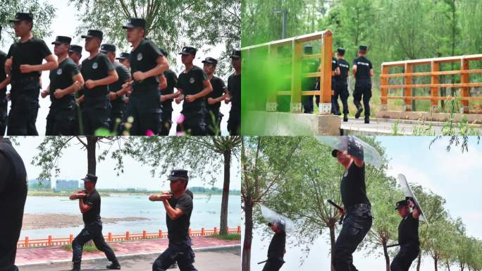 军人警察特警室外拉练训练打拳实拍