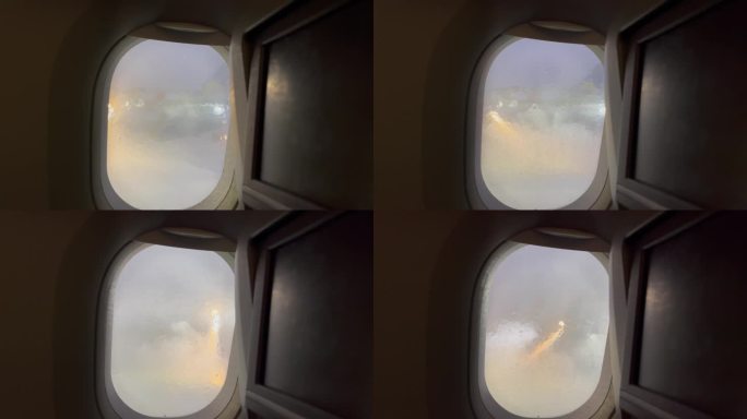 4K稳定画面显示，在外面寒冷的天气下，飞机的照明灯被关闭，为长途飞行做准备。航空，航空运输，旅行，旅