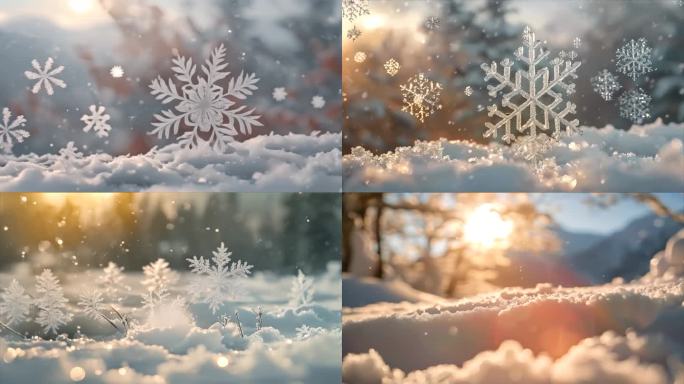 冬天雪花雪景下雪天冰晶雪花特写空镜头唯美