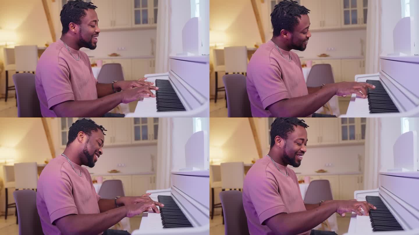 天才的非裔美国人钢琴家，在家里弹钢琴唱歌。