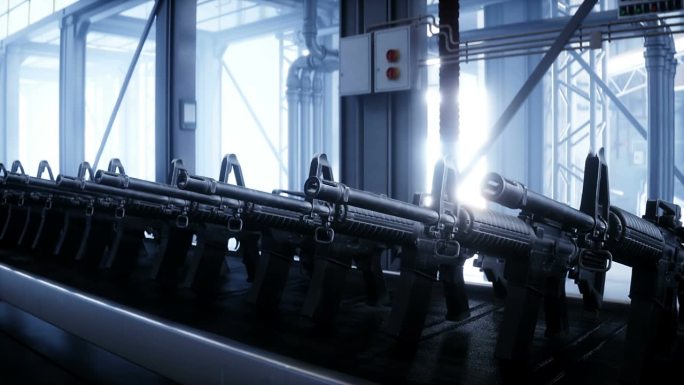 美军m16机枪生产线。工厂的过程。战争的概念。逼真的4k动画。