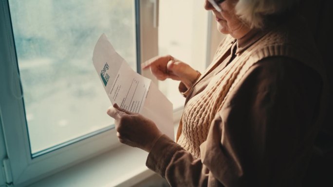 老太太在窗边看能源账单，帮助社会弱势群体