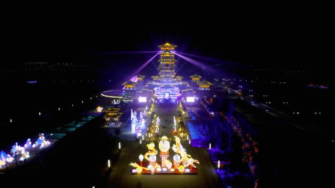 牡丹阁航拍灯光秀夜景 中国牡丹博物馆